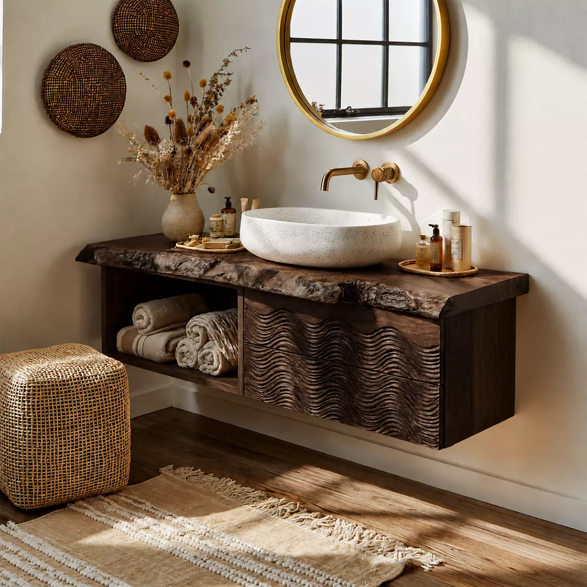 Natural Solid Wood Bathroom Vanity with Sculptural Wave Cabinet Rustic - Livewoodcraft - 11