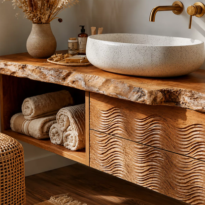Natural Solid Wood Bathroom Vanity with Sculptural Wave Cabinet Rustic - Livewoodcraft - 2
