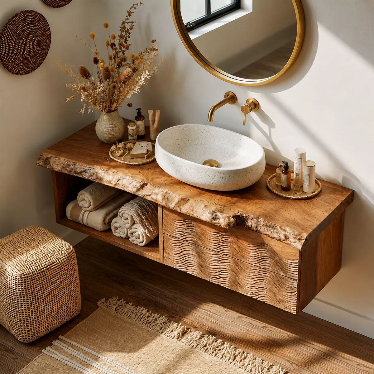 Natural Solid Wood Bathroom Vanity with Sculptural Wave Cabinet Rustic - Livewoodcraft - 3