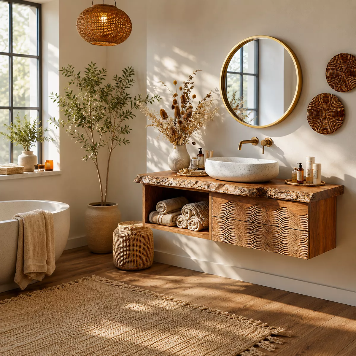 Natural Solid Wood Bathroom Vanity with Sculptural Wave Cabinet Rustic - Livewoodcraft - 4