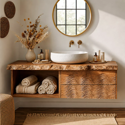 Natural Solid Wood Bathroom Vanity with Sculptural Wave Cabinet Rustic - Livewoodcraft - 5