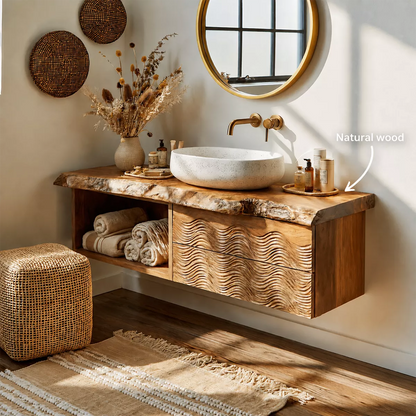 Natural Solid Wood Bathroom Vanity with Sculptural Wave Cabinet Rustic - Livewoodcraft - 6