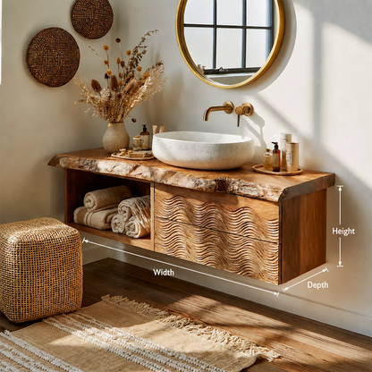 Natural Solid Wood Bathroom Vanity with Sculptural Wave Cabinet Rustic - Livewoodcraft - 7