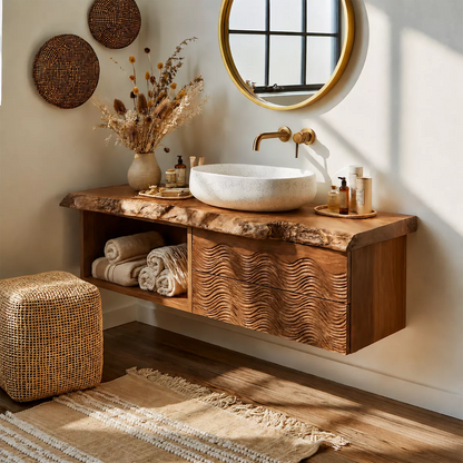 Natural Solid Wood Bathroom Vanity with Sculptural Wave Cabinet Rustic - Livewoodcraft - 8