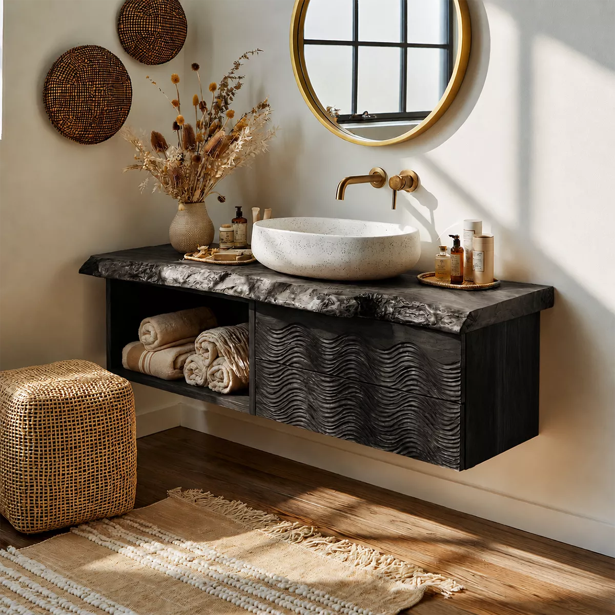 Natural Solid Wood Bathroom Vanity with Sculptural Wave Cabinet Rustic - Livewoodcraft - 9