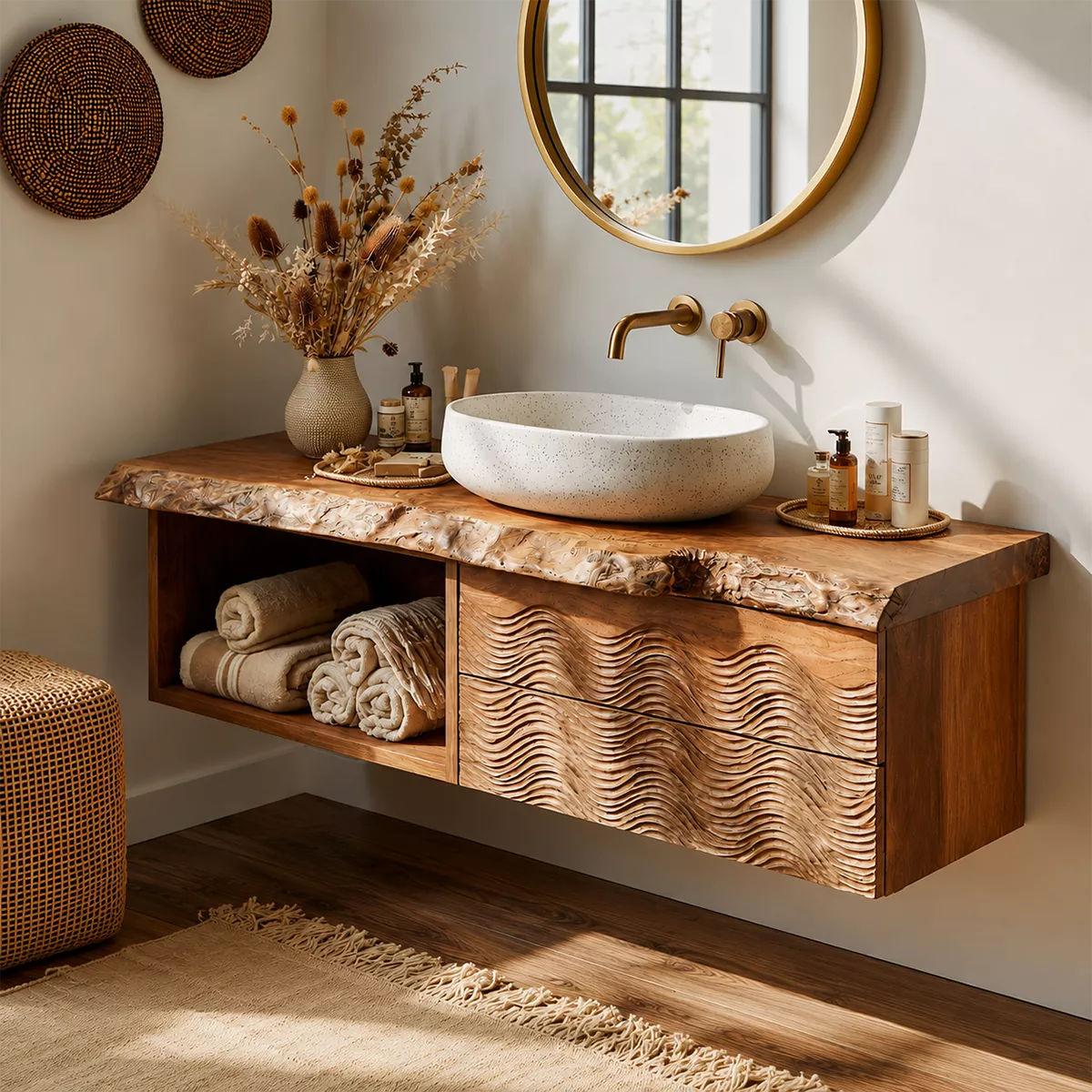 Natural Solid Wood Bathroom Vanity with Sculptural Wave Cabinet Rustic - Livewoodcraft