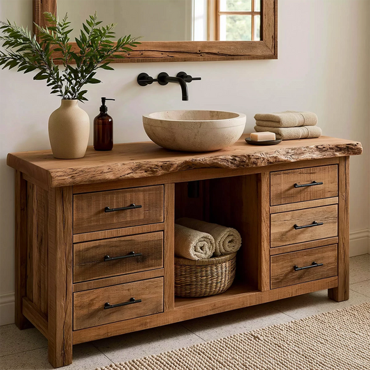 Natural Solid Wood Bathroom Vanity with Six Drawers and Open Center Shelf - Echotimber