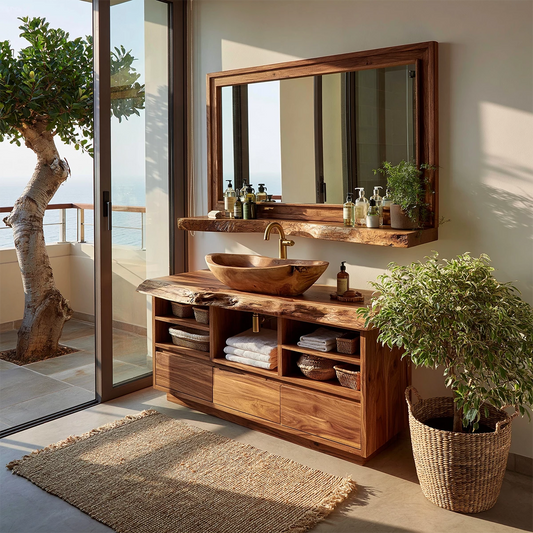 Natural Solid Wood Bathroom Vanity with Three Drawers and Open Shelving - Echotimber