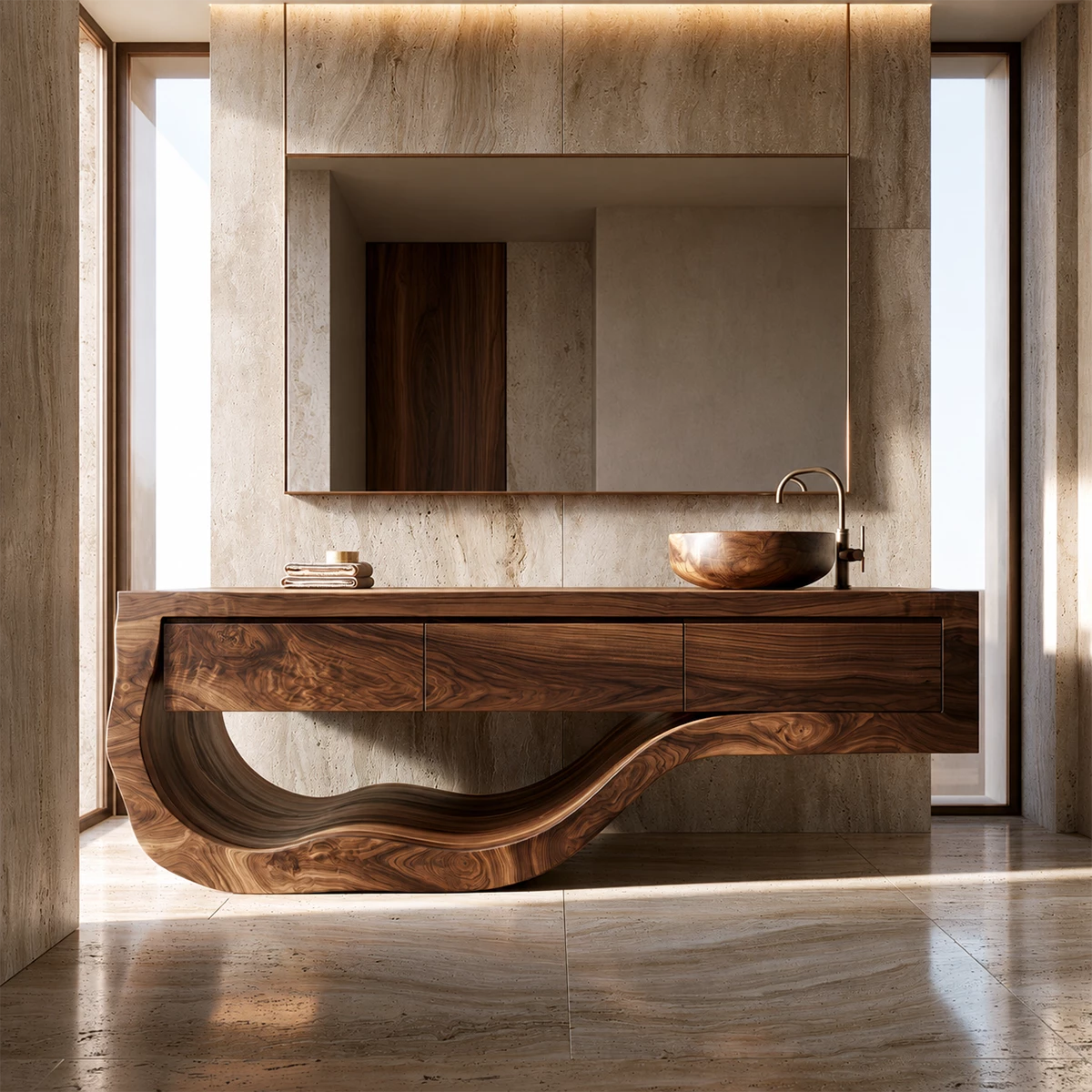 Natural Solid Wood Bathroom Vanity with Three Drawers and Sculptural Wave Base - Livewoodcraft