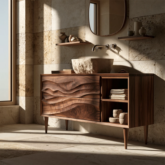 Natural Solid Wood Bathroom Vanity with Two Carved Drawers and Open Shelf - Echotimber
