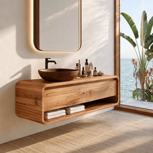 Natural Solid Wood Bathroom Vanity with Two Drawers Open Shelf Modern - Echotimber