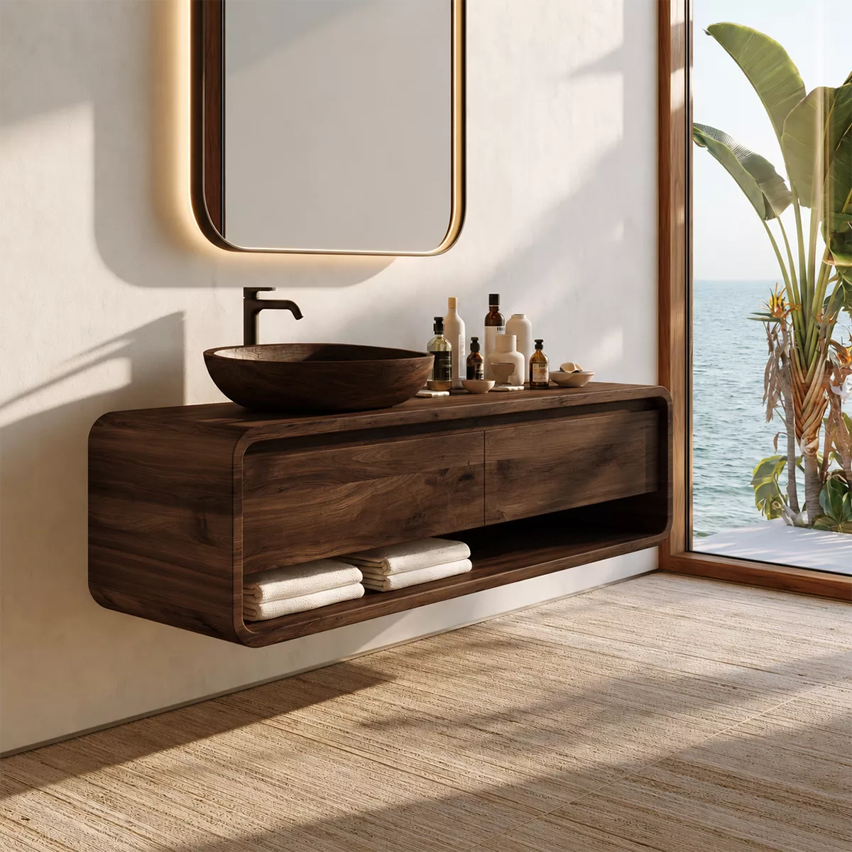 Natural Solid Wood Bathroom Vanity with Two Drawers Open Shelf Modern - Livewoodcraft - 10