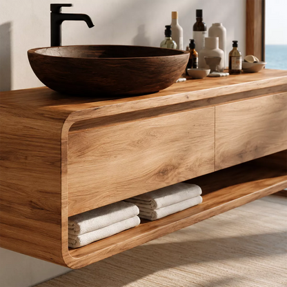 Natural Solid Wood Bathroom Vanity with Two Drawers Open Shelf Modern - Livewoodcraft - 2
