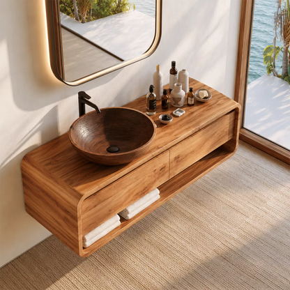 Natural Solid Wood Bathroom Vanity with Two Drawers Open Shelf Modern - Livewoodcraft - 3