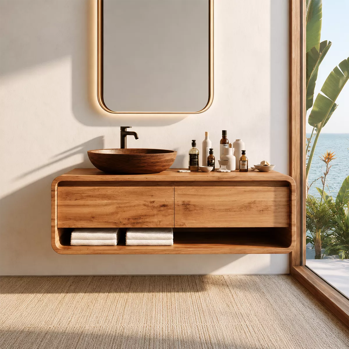 Natural Solid Wood Bathroom Vanity with Two Drawers Open Shelf Modern - Livewoodcraft - 4