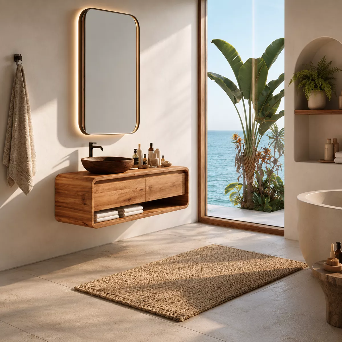 Natural Solid Wood Bathroom Vanity with Two Drawers Open Shelf Modern - Livewoodcraft - 5