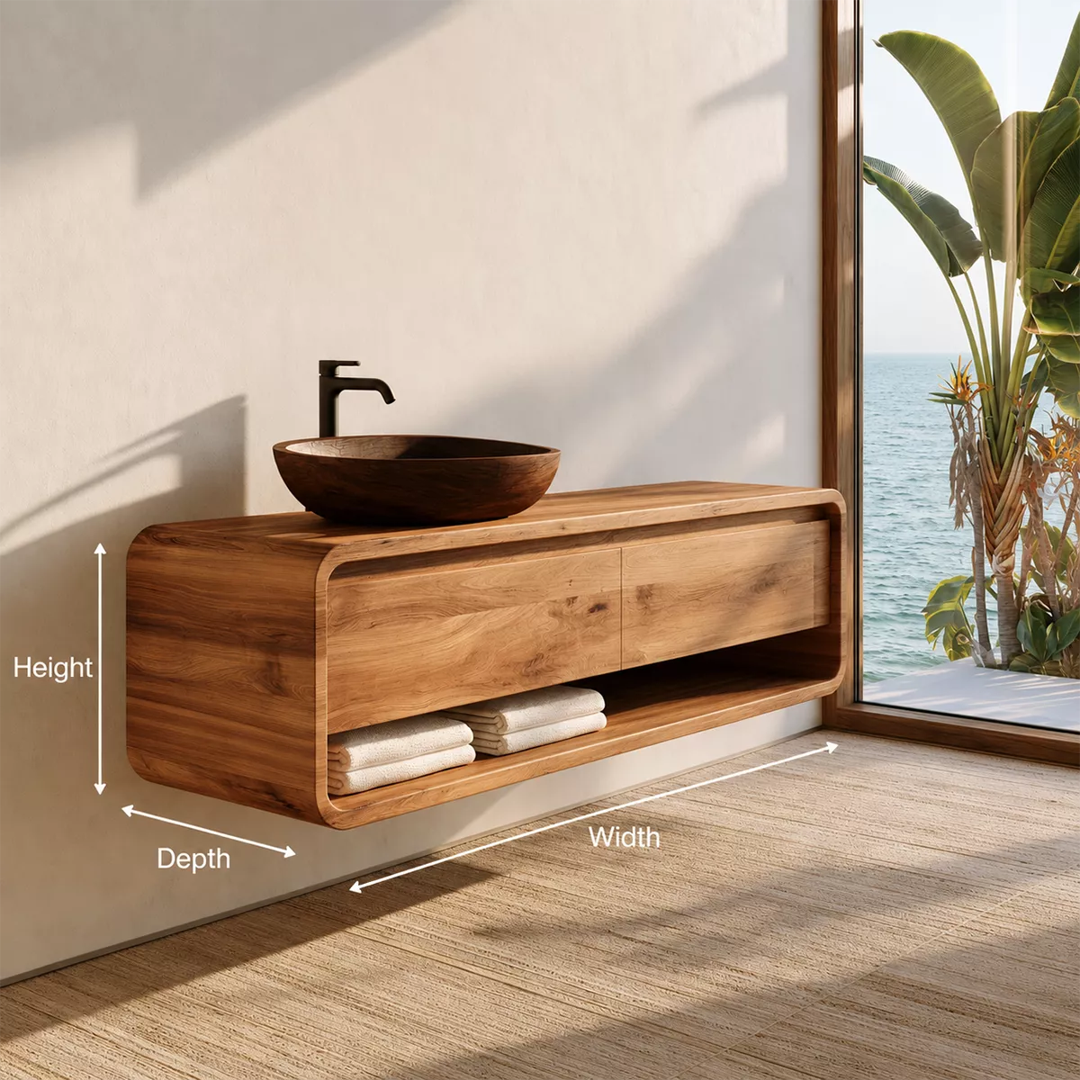 Natural Solid Wood Bathroom Vanity with Two Drawers Open Shelf Modern - Livewoodcraft - 6
