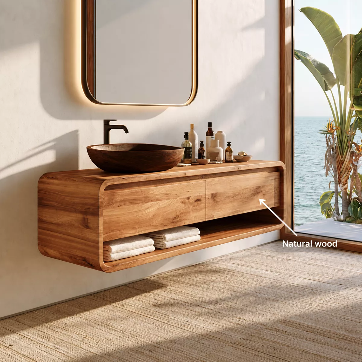 Natural Solid Wood Bathroom Vanity with Two Drawers Open Shelf Modern - Livewoodcraft - 7