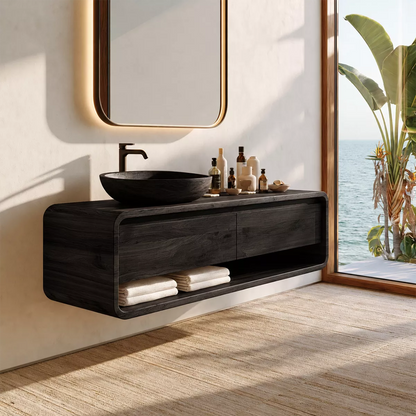 Natural Solid Wood Bathroom Vanity with Two Drawers Open Shelf Modern - Livewoodcraft - 8