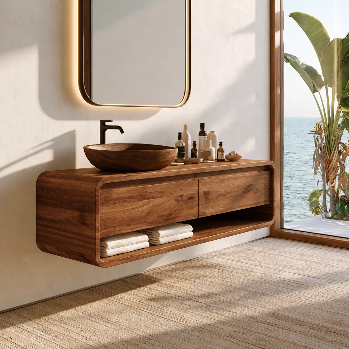 Natural Solid Wood Bathroom Vanity with Two Drawers Open Shelf Modern - Livewoodcraft - 9