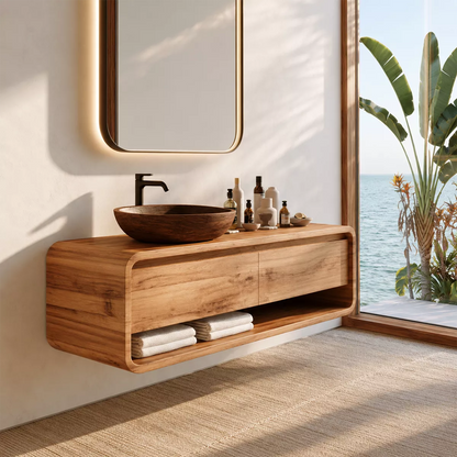 Natural Solid Wood Bathroom Vanity with Two Drawers Open Shelf Modern - Livewoodcraft