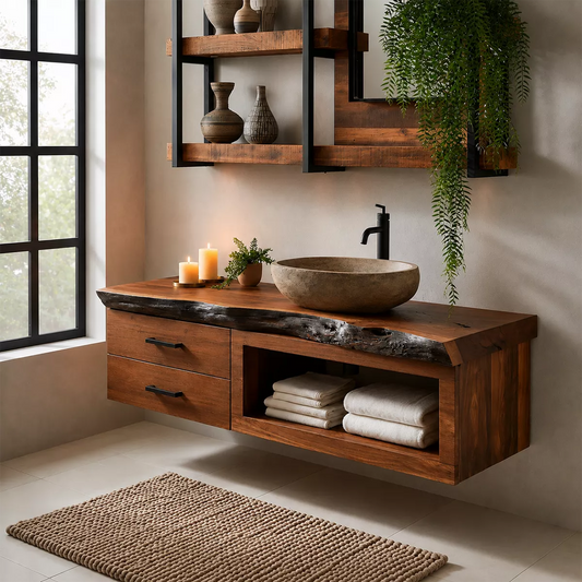 Natural Solid Wood Bathroom Vanity with Two Drawers Open Storage Rustic - Echotimber