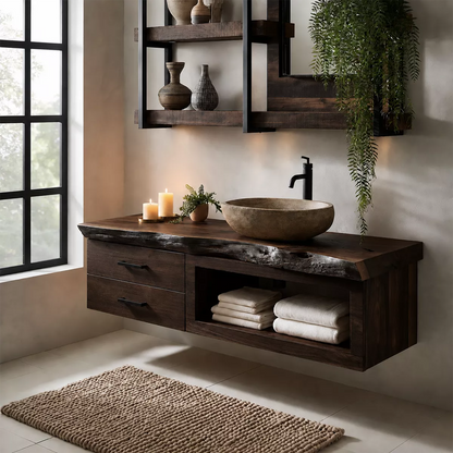 Natural Solid Wood Bathroom Vanity with Two Drawers Open Storage Rustic - Livewoodcraft - 10
