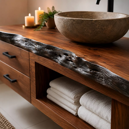 Natural Solid Wood Bathroom Vanity with Two Drawers Open Storage Rustic - Livewoodcraft - 2
