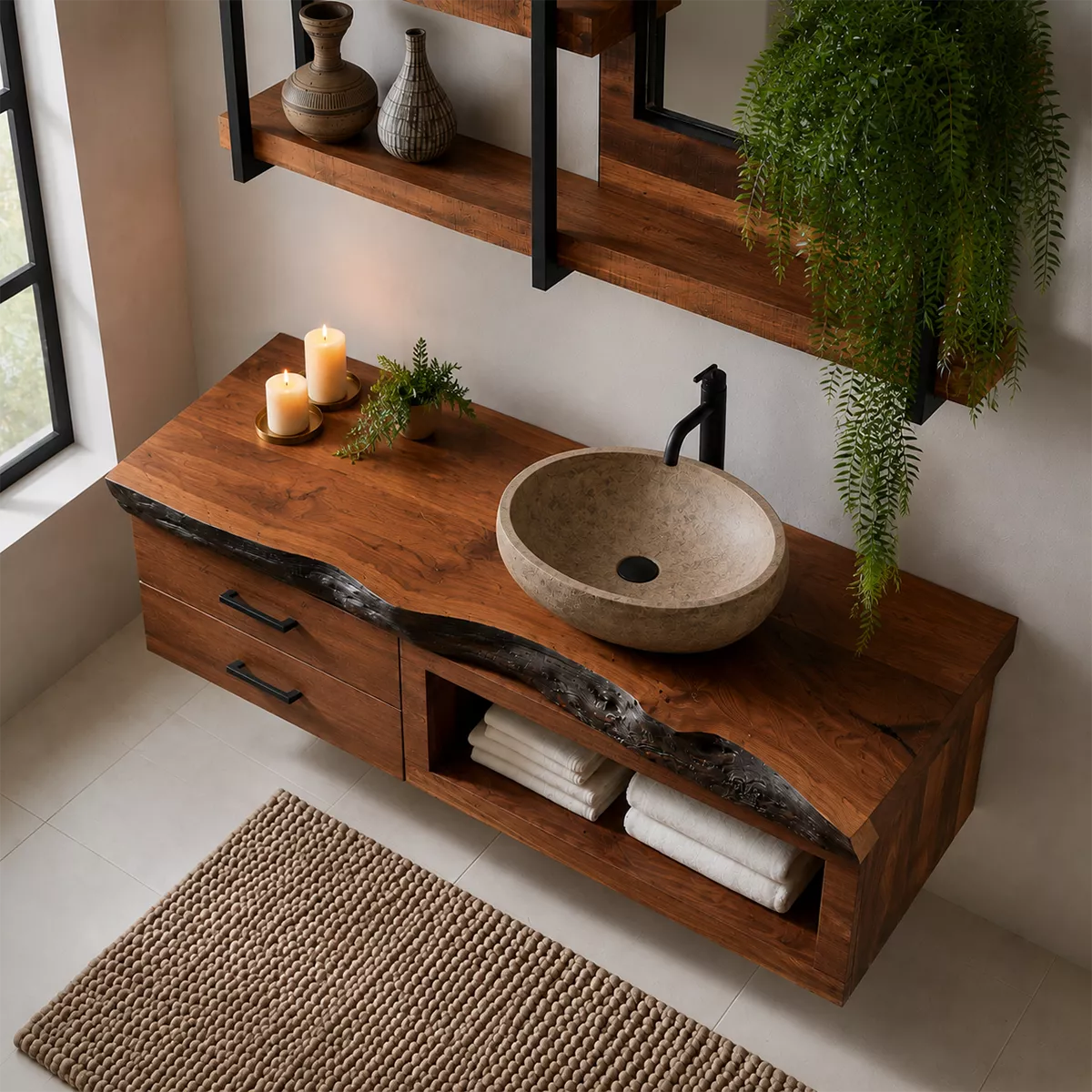 Natural Solid Wood Bathroom Vanity with Two Drawers Open Storage Rustic - Livewoodcraft - 3