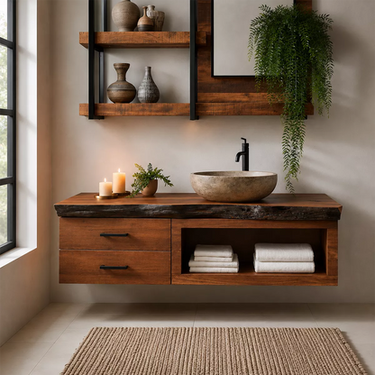 Natural Solid Wood Bathroom Vanity with Two Drawers Open Storage Rustic - Livewoodcraft - 4