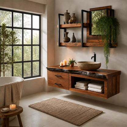 Natural Solid Wood Bathroom Vanity with Two Drawers Open Storage Rustic - Livewoodcraft - 5