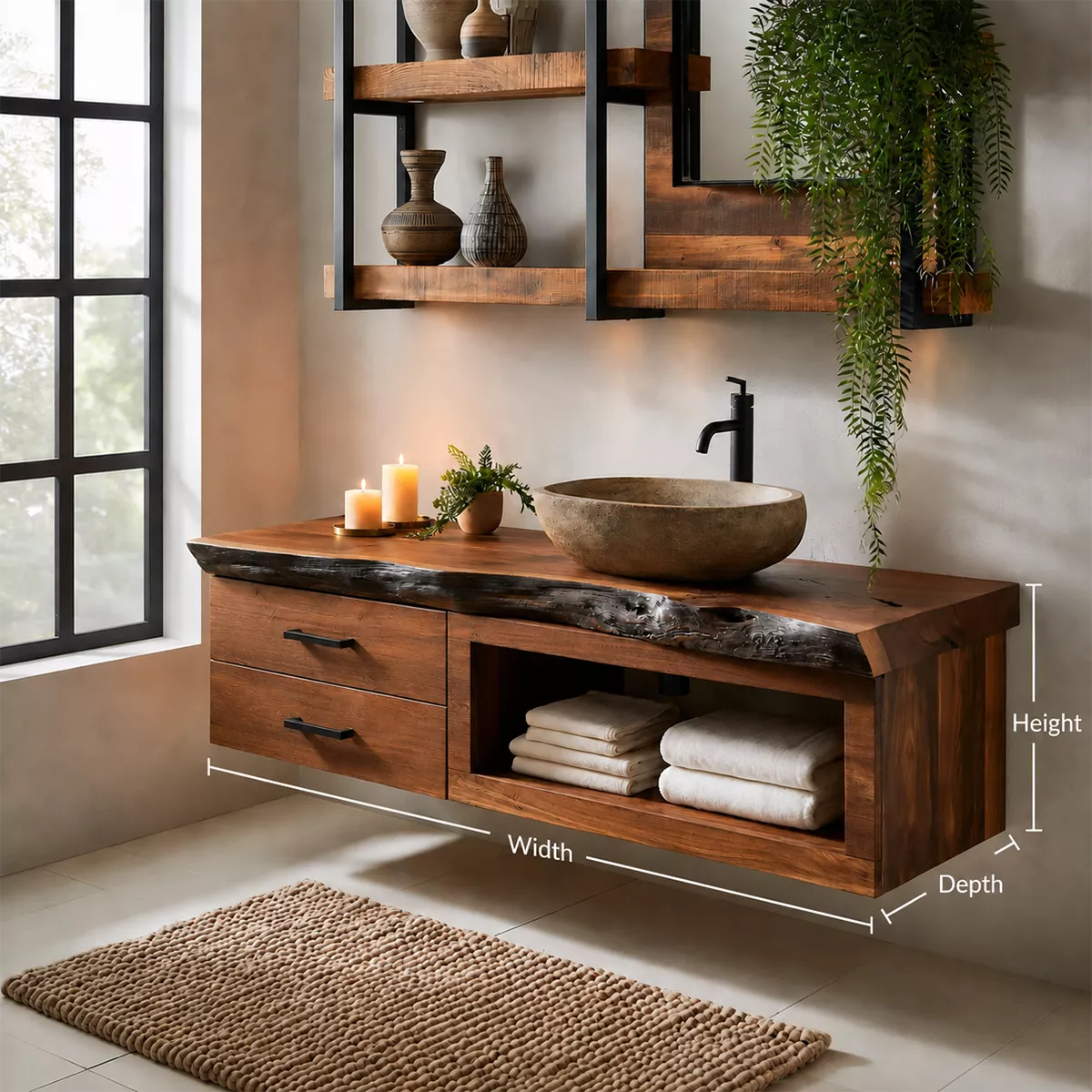 Natural Solid Wood Bathroom Vanity with Two Drawers Open Storage Rustic - Livewoodcraft - 6