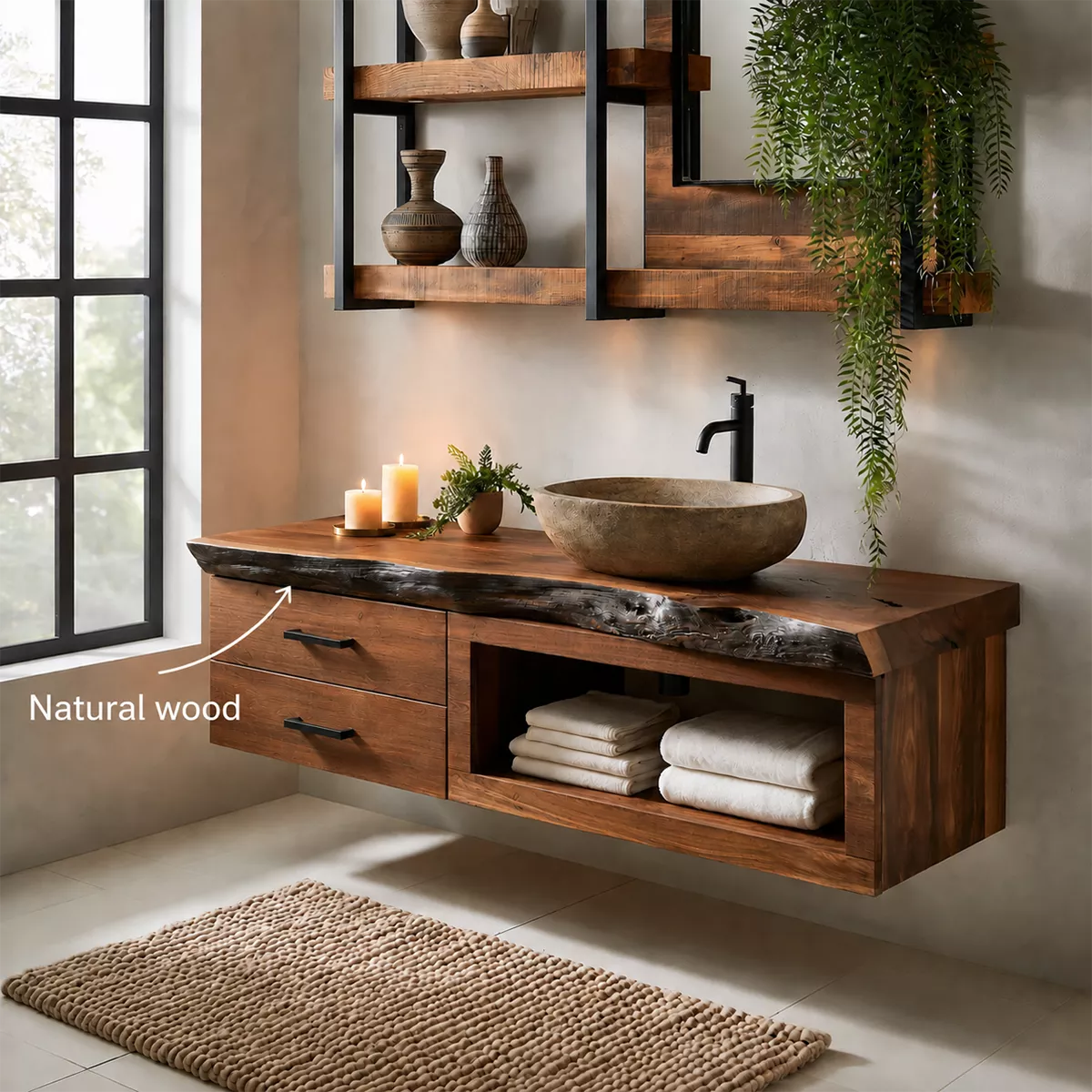 Natural Solid Wood Bathroom Vanity with Two Drawers Open Storage Rustic - Livewoodcraft - 7