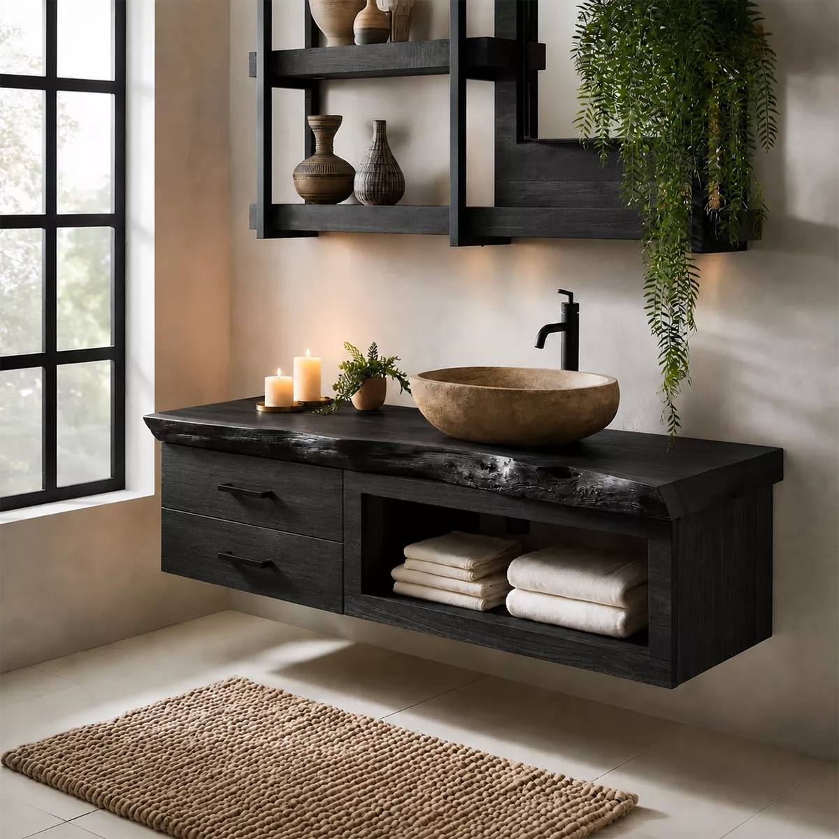 Natural Solid Wood Bathroom Vanity with Two Drawers Open Storage Rustic - Livewoodcraft - 8