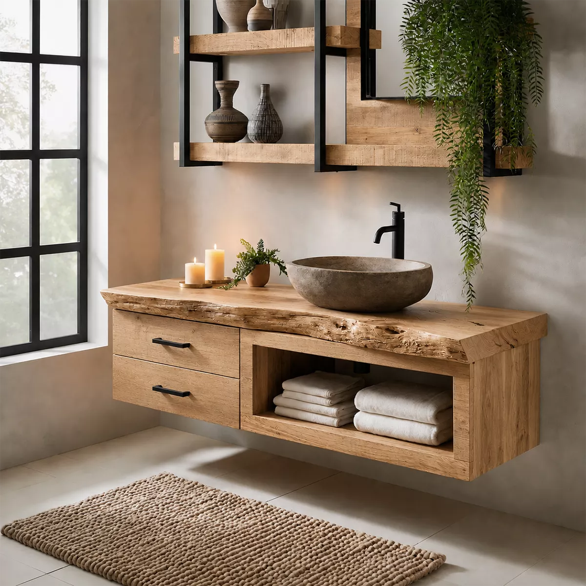 Natural Solid Wood Bathroom Vanity with Two Drawers Open Storage Rustic - Livewoodcraft - 9