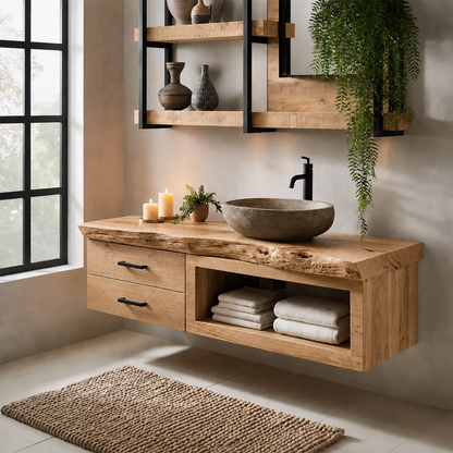 Natural Solid Wood Bathroom Vanity with Two Drawers Open Storage Rustic - Livewoodcraft - 9