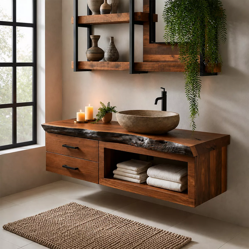 Natural Solid Wood Bathroom Vanity with Two Drawers Open Storage Rustic - Livewoodcraft