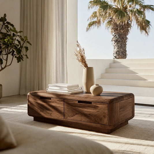 Natural Solid Wood Coffee Table – Rounded Modern Storage Style - Echotimber