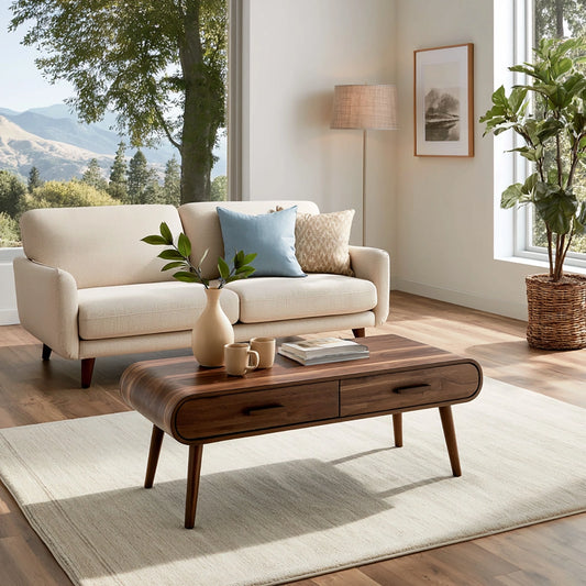 Natural Solid Wood Coffee Table with 2 Drawers – Mid-Century Modern Style - Echotimber