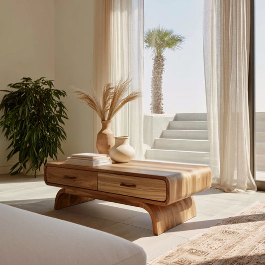 Natural Solid Wood Coffee Table with 2 Drawers – Rounded Japandi Style - Echotimber
