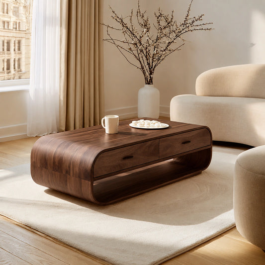 Natural Solid Wood Coffee Table with 2 Drawers – Rounded Modern Style - Echotimber