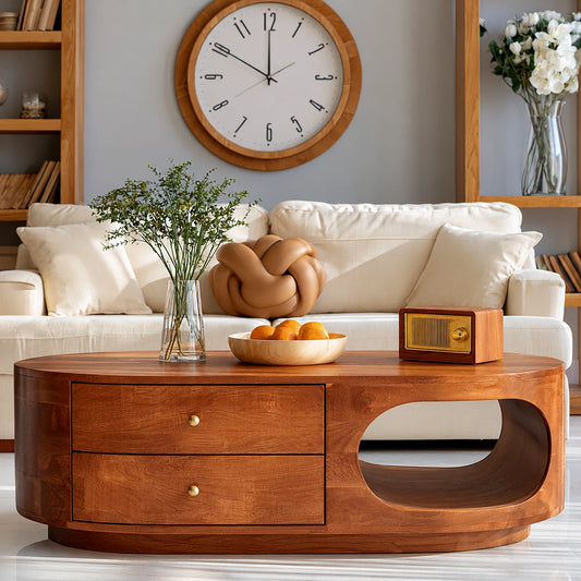 Natural Solid Wood Coffee Table with Drawers – Rounded Modern Style - Echotimber