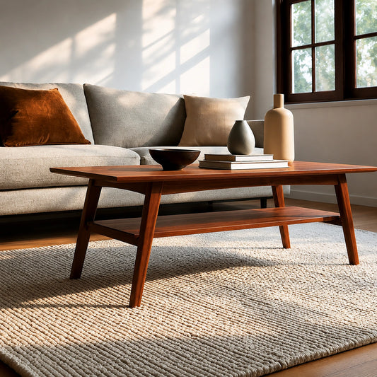 Natural Solid Wood Coffee Table with Lower Shelf and Tapered Legs - Echotimber