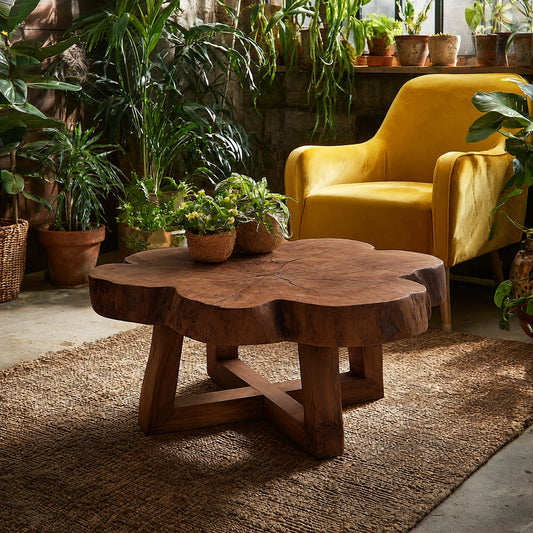 Natural Solid Wood Coffee Table with Organic Live Edge Top and Cross Base - Echotimber