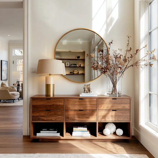 Natural Solid Wood Console Cabinet with Drawers and Open Display Shelves - Echotimber
