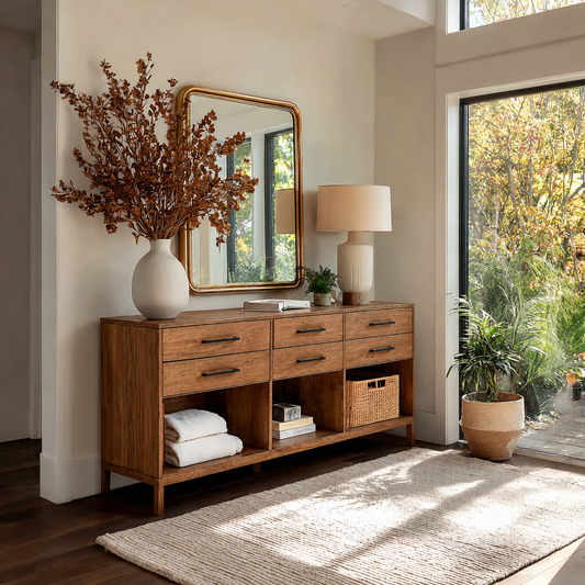 Natural Solid Wood Console Cabinet with Drawers and Open Storage Shelves - Echotimber