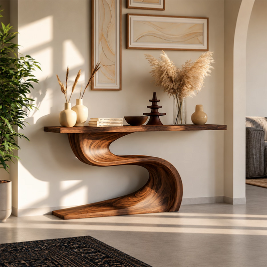 Natural Solid Wood Console Table Flowing Wave Wabi Sabi Style - Echotimber