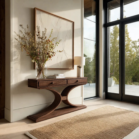 Natural Solid Wood Console Table with 2 Drawers and Sculptural Base - Echotimber