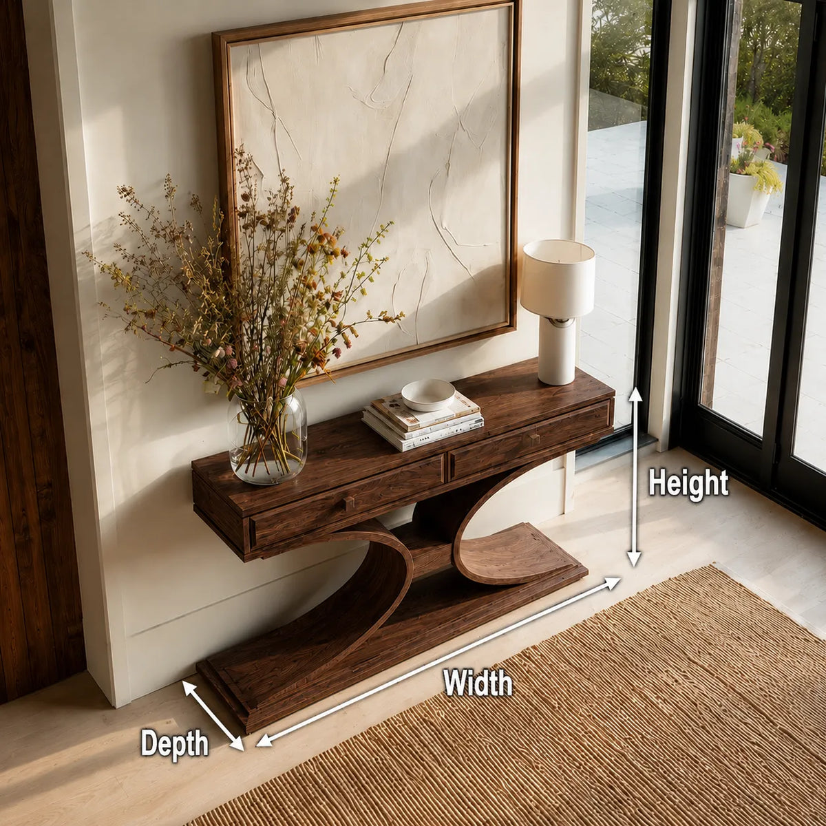 Natural Solid Wood Console Table with 2 Drawers and Sculptural Base - Livewoodcraft - 10