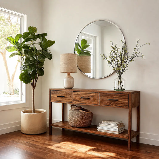 Natural Solid Wood Console Table with 3 Drawers and Open Shelf - Echotimber